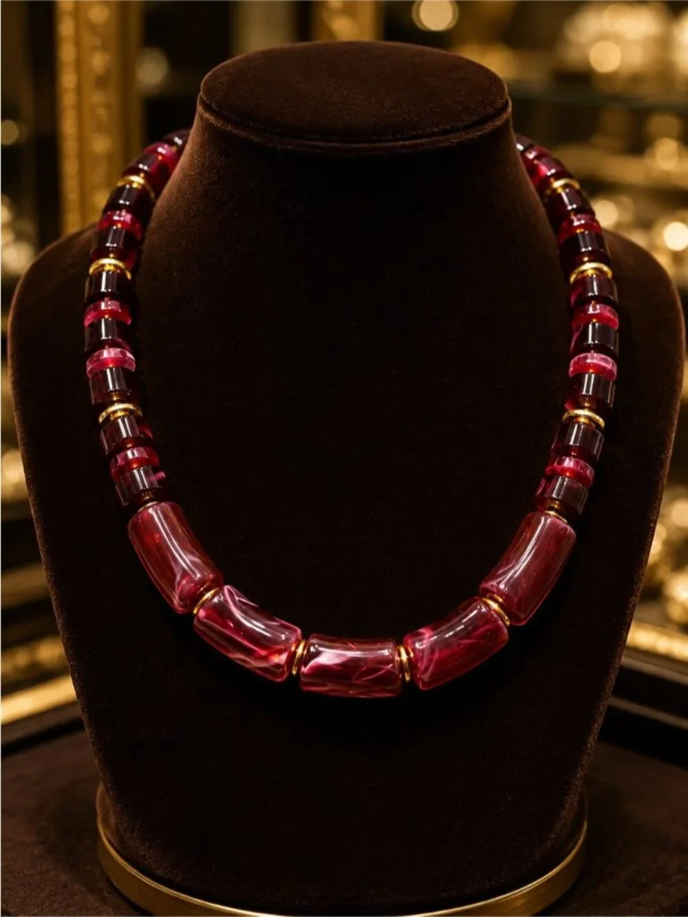 Maroon and Wine Beaded Necklace with Gold Accents